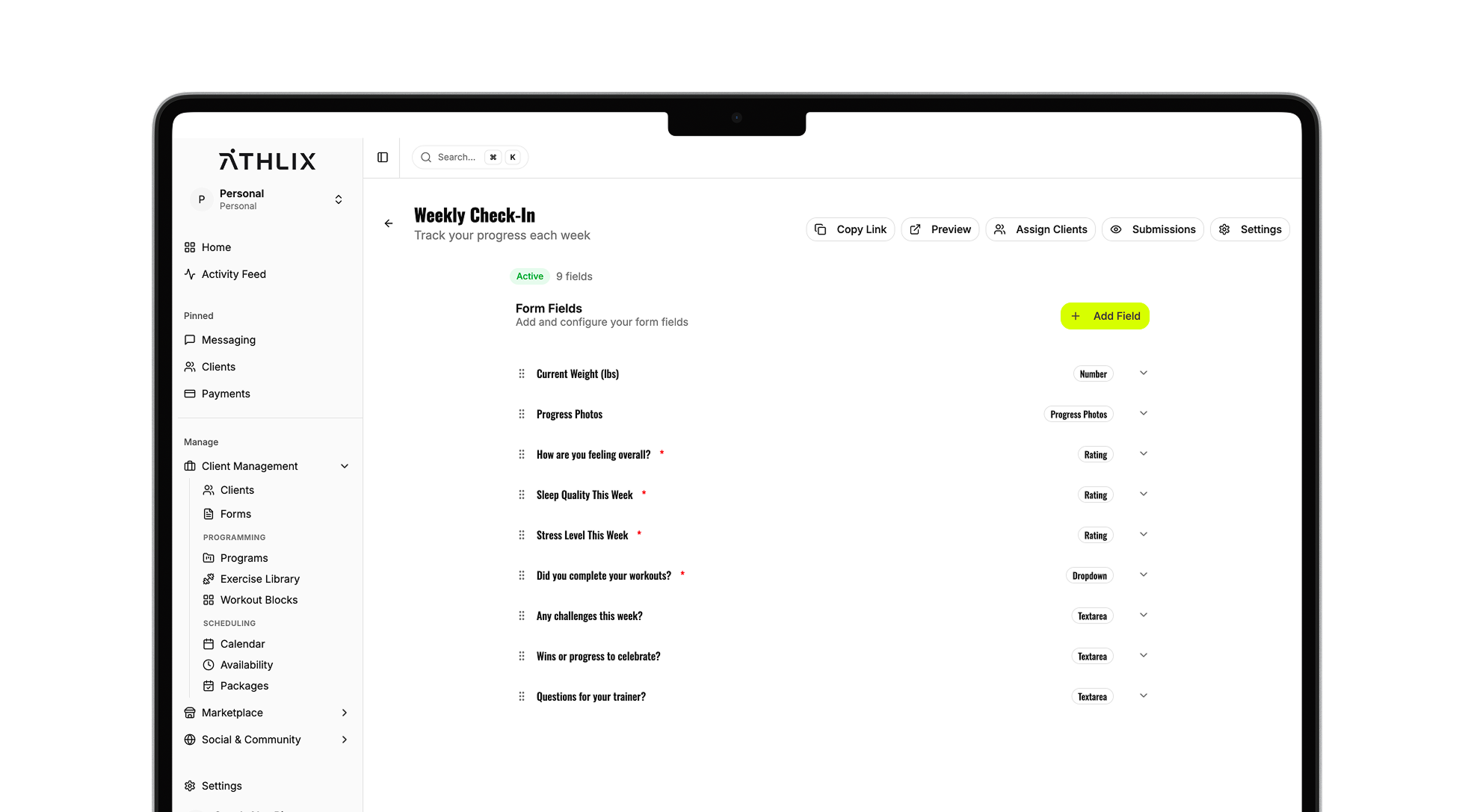 Athlix weekly check-in page for client progress updates