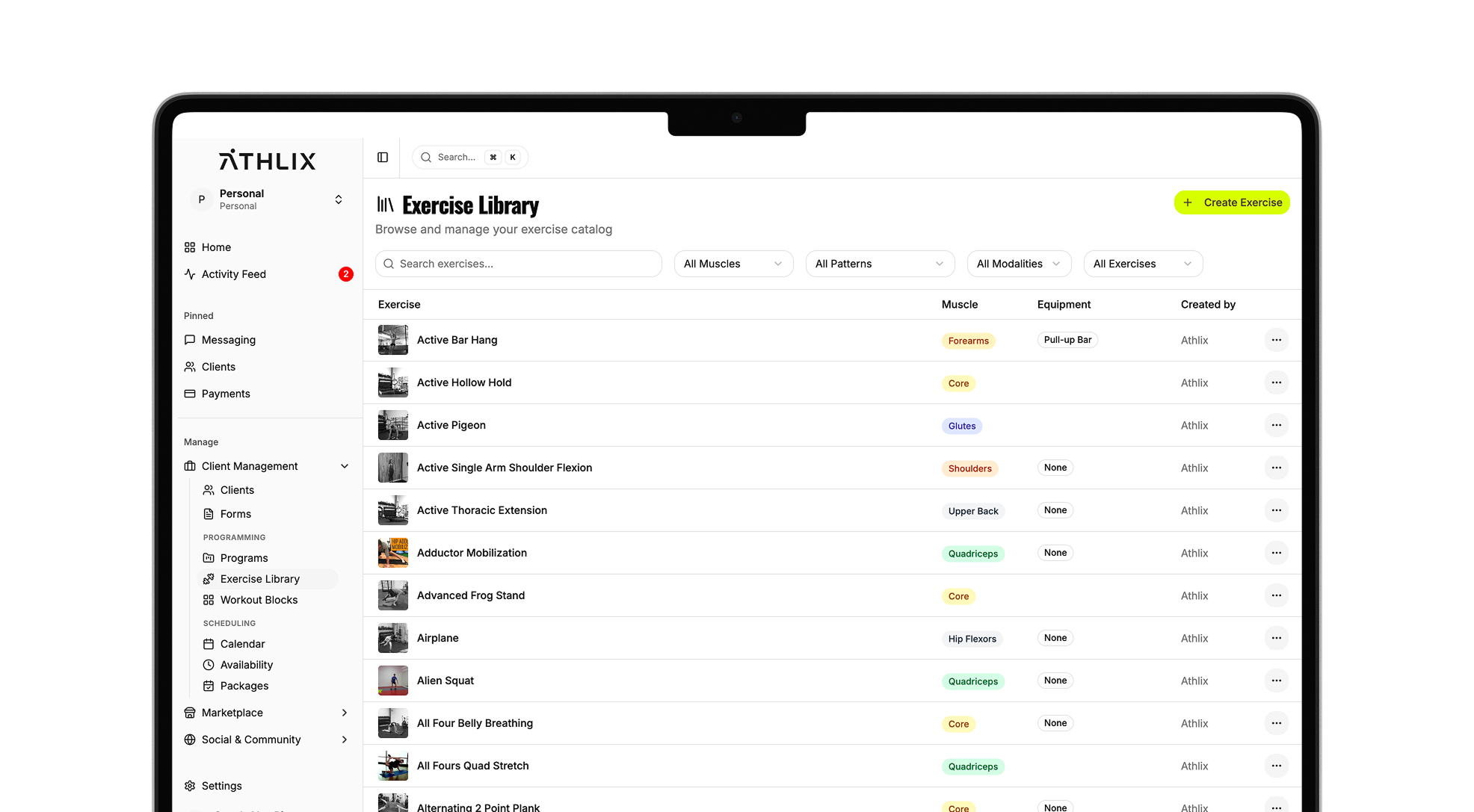 Athlix exercise library page with movement demos