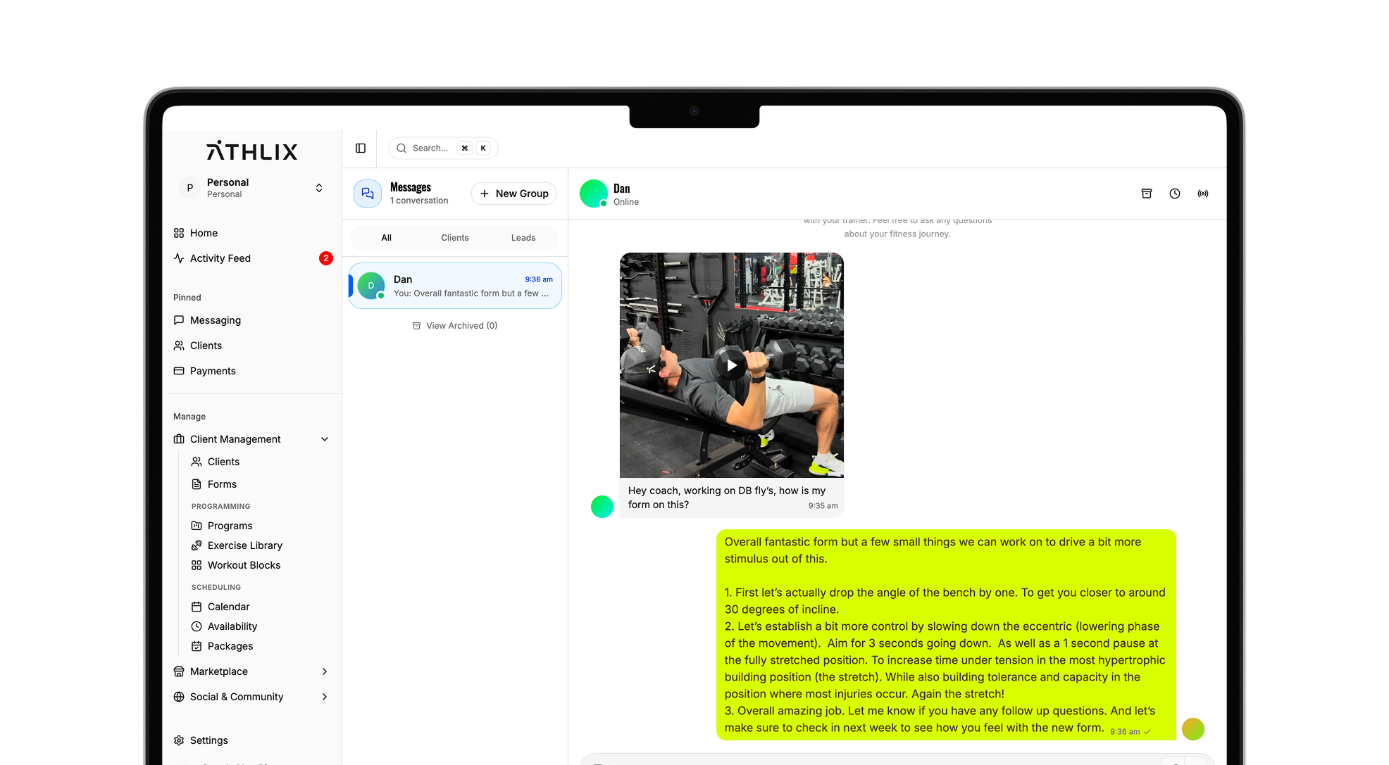 Athlix messaging thread between a coach and client