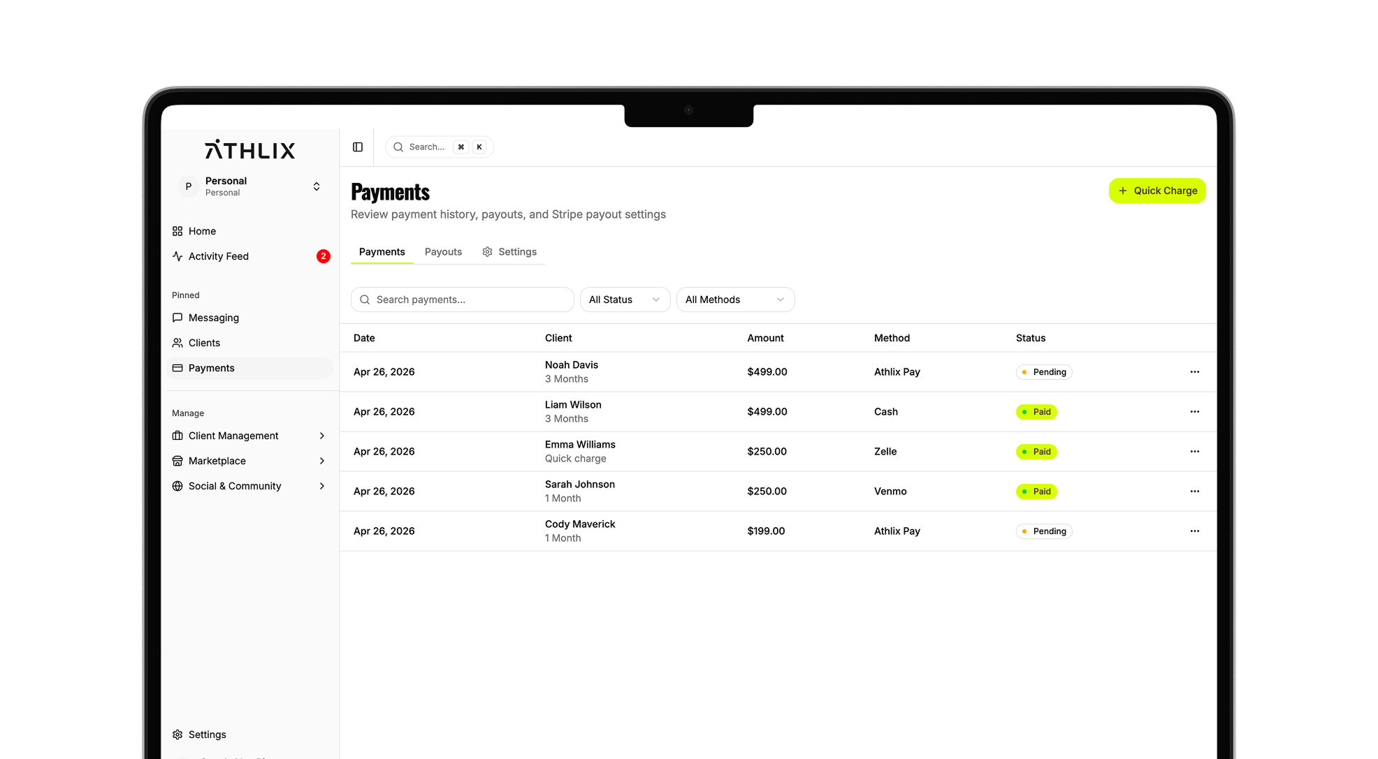 Athlix payments page for managing coach revenue