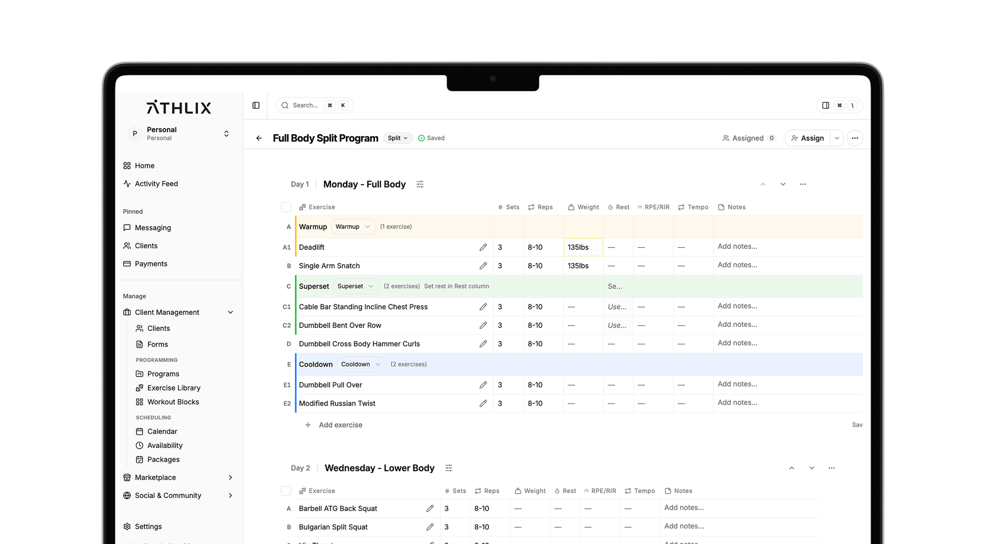 Athlix programming page for building client workouts