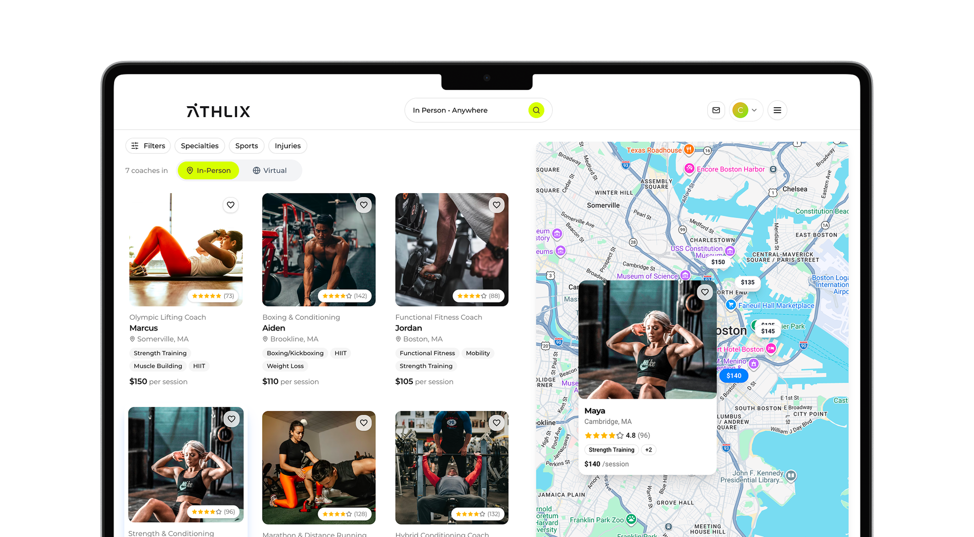 Athlix trainer search page showing coach discovery results